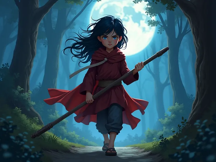  ((boy)), deep red  tunic, large staff, long black hair, blue eyes, walking, forest, night, moonlight, intense tones,  very detailed face 