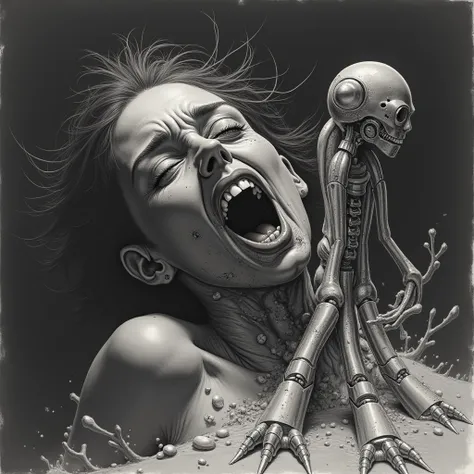 A hyper-detailed carbon graphite drawing of a metallic creature coming out of a woman, being born, a woman with a horror expression because a robotic hand is coming out from inside of his face, tearing apart his face and body because a robot is being born ...