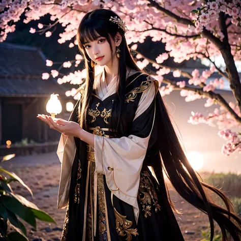 นักแสดงกวางตุ้งLong hairสวมชุดแซมงสีน้ำเงินและขาวของจีน, Bran under the moonlight among blossoming peach trees. , Black hair, smileLonely, It is a cape., Backlight,  black background , earring, Long hair, Viewers&#39; perspective,  with open shoulders. (Re...