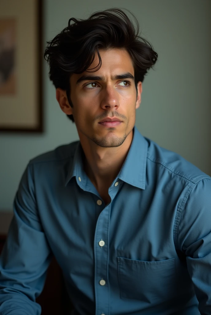 Male with brown eyes and black hair and  wearing a blue shirt and black dress