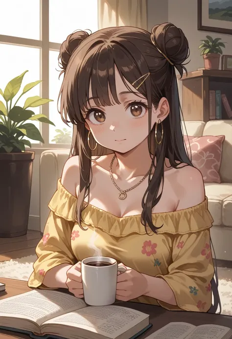 1girl, solo, upper body, short stature, medium breasts, long hair, low messy bun, dark brown hair, wavy strands, cute pastel hairpin, warm brown eyes, light tan skin, off-shoulder top, white color, loose fit, floral patterns, delicate necklace, small hoop ...