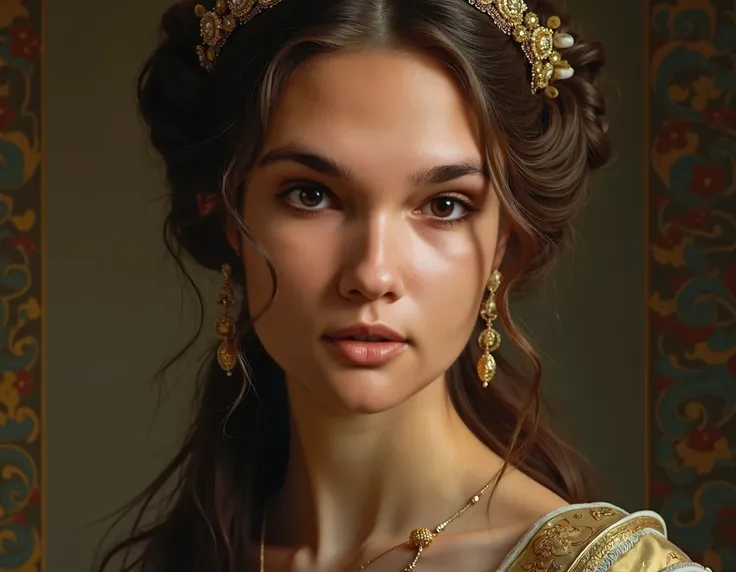 a young lady of the 8th century, detailed portrait, beautiful detailed eyes, beautiful detailed lips, extremely detailed face and skin, long eyelashes, elegant hairstyle, medieval renaissance dress, intricate embroidery, luxurious jewelry, ornate headpiece...