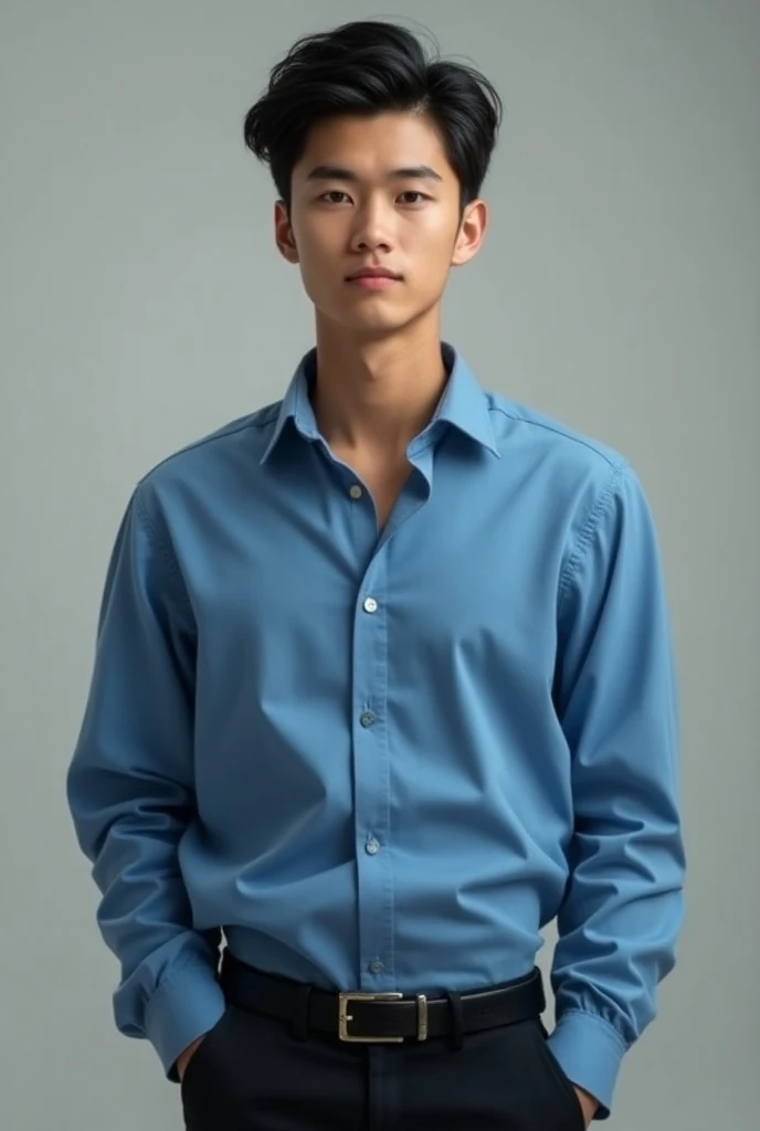 A  male with brown eyes and black hair wearing a blue shirt and a black dress