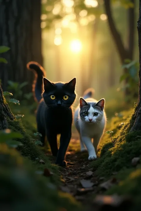 Totally black cat with yellow eyes with a small white cat with gray spots walking through the woods to where the sunset is 