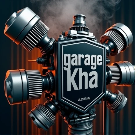  This image features an artistic and stylized representation of a machine or mechanical assembly . In the middle of the picture,  features a shield-shaped emblem with the letters “GARAGE KHA” prominently displayed in bold and block typeface.  Surrounding t...