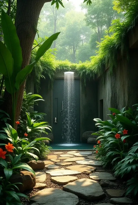 (photorealism:1:2), a tropical rainforest shower: lush greenery around the shower with natural stone