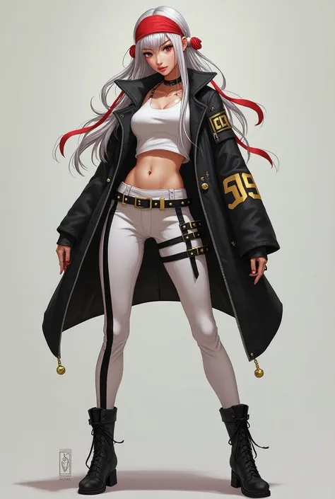 Beautiful woman with her outfit consisting of a black jacket with long and short sleeves, with gold details and the number "09" on the back, that leaves its abdomen exposed. Below, She is wearing a white crop top. Her tight pants are white with black lines...