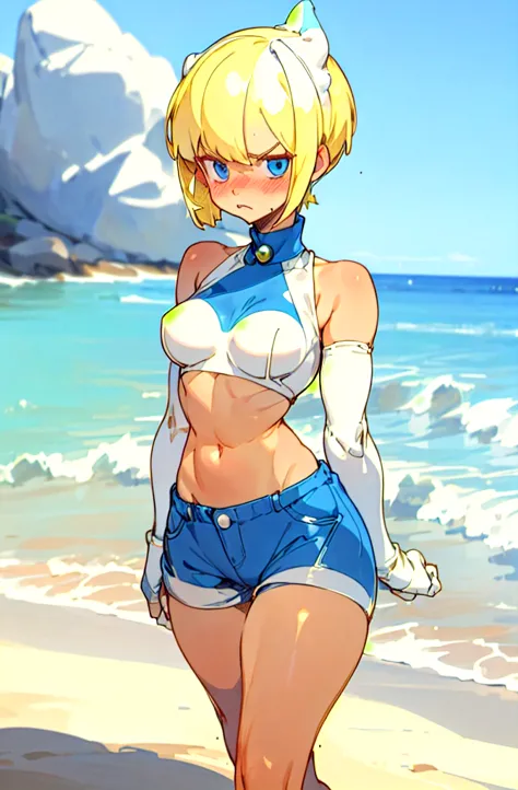 1 girl,  blonde short cut  ,   blue eyes, dark blue pearl metallic racing separate bloomer,overexposure,background sandy beach ,...