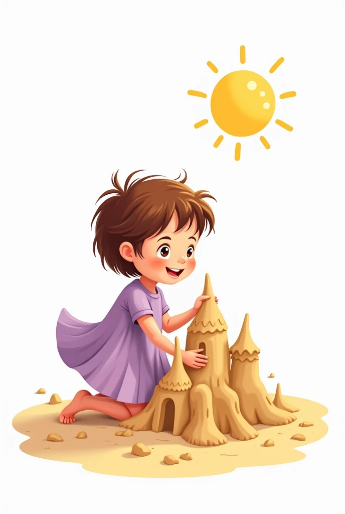 Vector of a happy girl , Wearing a lilac dress and a sun, Her hair is short,  she is kneeling making a sand castle.  white background 