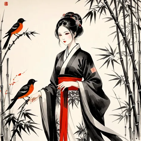 shukezouma, Ink and Wash Bisim, ((椋bird)), Yanagizhi , (masterpiece,  Best Quality: 1.2), (( Traditional Chinese ink painting)), Model style, bamboo branches, bamboo, A portrait of a woman standing in a traditional Chinese ink painting , red, tangerine, bl...