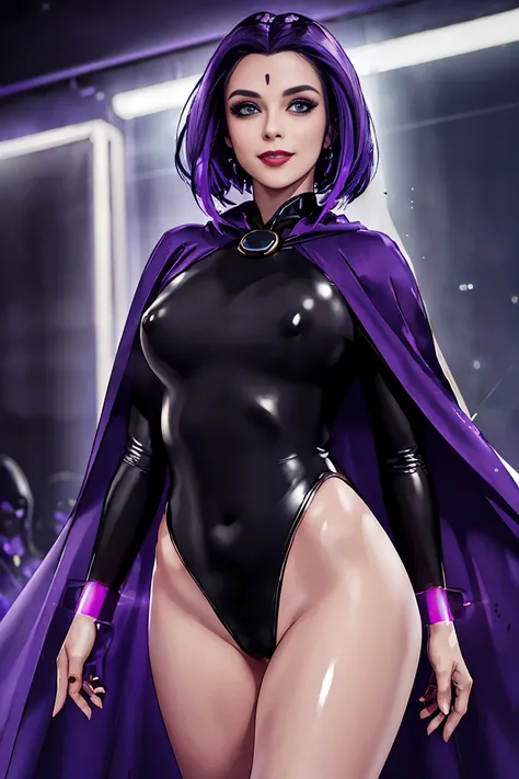 (ultra realistic,32k,RAW photo:1.1),(high detailed skin:1.1), 8k uhd, dslr, high quality, film grain,(makeup, mascara:1.1) , lips,(thicklips), ,(shiny glossy translucent clothing:1.1), raven_(dc), short hair, purple hair, colored skin, grey skin, forehead ...