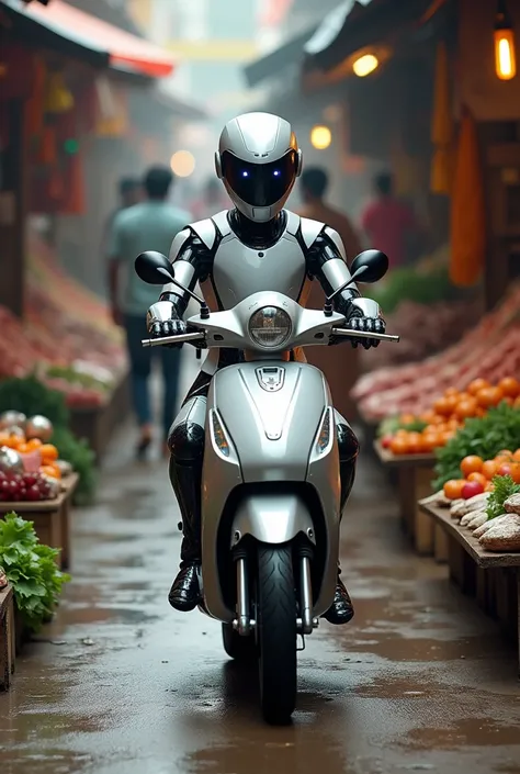 Ai robot drive electric scooter, local kerala market with vegetables fish meat etc,lot of buyers