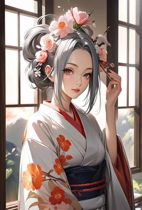 A woman in a kimono with flowers on her head,  Beautiful Digital Art work,  beautiful digital illustration ,  Beautiful Digital Paintings , Beautiful digital painting ,  photorealistic anime girl rendering, smooth anime cg art,  Beautiful Digital Art ,  di...