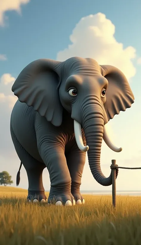 AI Image Prompt: Create a Disney Pixar style wide shot of a giant elephant standing next to a small rope tied to a post, its eyes filled with contemplation. The elephant is large, gray with wrinkled skin, big gentle eyes, and tusks, standing still in the m...