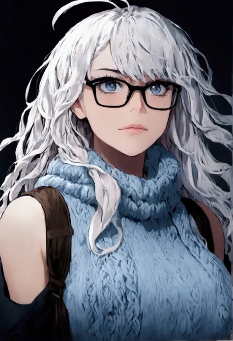 masterpiece, strong Alpha woman, White haired girl, Wearing long neck sweater showing off her belly, Medium curly hair, messy hair, Bangs covering left eye, Slim body, Deep black eyes, Ahoge, Face sharp face, sleeveless shirt, beautiful eyes, boots, eyes l...