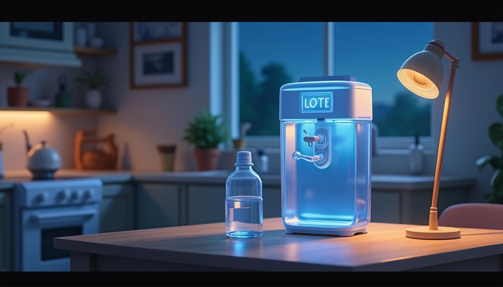 animation style .  I need to create a water dispenser , of the table with its bottle ,  on a very close nadir plane on a central table, And in the background that this is a kitchen at night 
