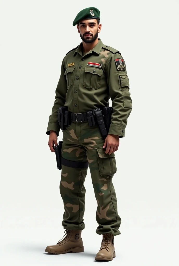 A full, realistic picture, of a young Arab man wearing a green and brown digital camouflage police suit, beige shoes, and a green tactical military hat, a police officer, unarmed