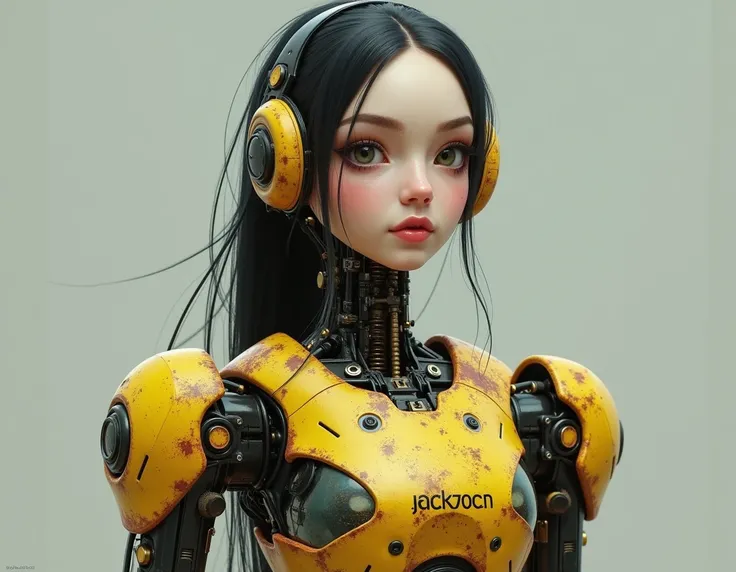 The robots face is that of a beautiful, cute girl with long, tied hair. The body is a yellow robot with rust and stainless steel and machinery can be seen. Inside is clear as glass. On the chest is written the word JACK3D.