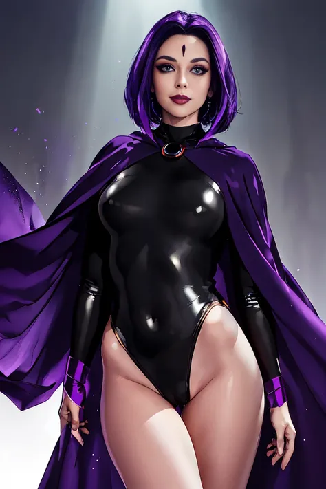 (ultra realistic,32k,RAW photo:1.1),(high detailed skin:1.1), 8k uhd, dslr, high quality,(makeup, mascara:1.1) , lips,(thicklips), ,(shiny glossy translucent clothing:1.1), raven_(dc), short hair, purple hair, colored skin, grey skin, forehead jewel, leota...