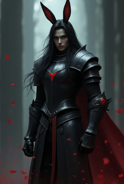 Knight, man, long black hair, beautiful, majestic, mysterious, armor, dark fantasy, final fantasy, black ling hair, rabbit ears black, pale skin, serious, male, man, MAN, young, excellent original character design, red elements, original, was in battle, de...