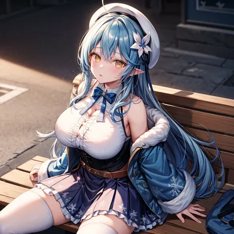 ((Best Quality)), ((masterpiece)), (  Details), ( super high definition)、aalamy、
 long hair、 striped hair、Ahoge、 Had、Beret、White Hat、Hair Flowers、 blue bow tie 、 cleavage、 garment cutout 、 white shirt 、 off shoulder、 sleeveless、 black corset 、Blue coat、Sno...