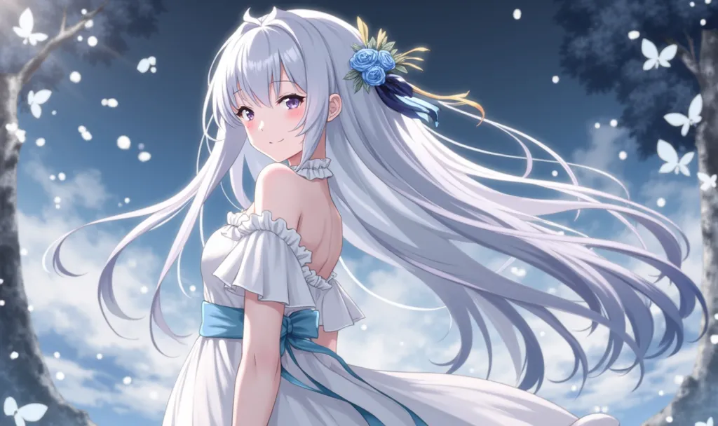 japanese anime，witch irena，cute，round face， pure white bride theme ， blue and white background ， leaving two-thirds of the area ...