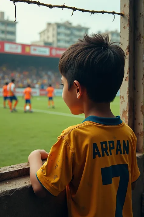 A poor boy watching football from street wearing football Jersey no 7 and printed name of arpan In her Jersey