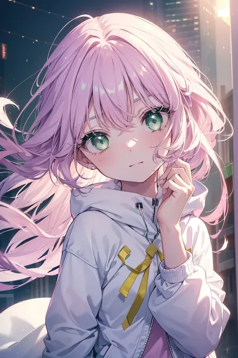 index, index, (green eyes:1.5),  pink hair, Long Hair,smile,  pink eyes, ( flat chest:1.2),White long parka,White sweatshirt hoodie, sneakers,  with both hands in hoodie pockets,winter,Cold Sky,that&#39; its snowing ,morning,morning日,日の出
break looking at v...