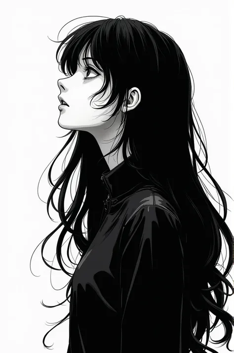 Black and white manga girl with long hair in profile looking up 