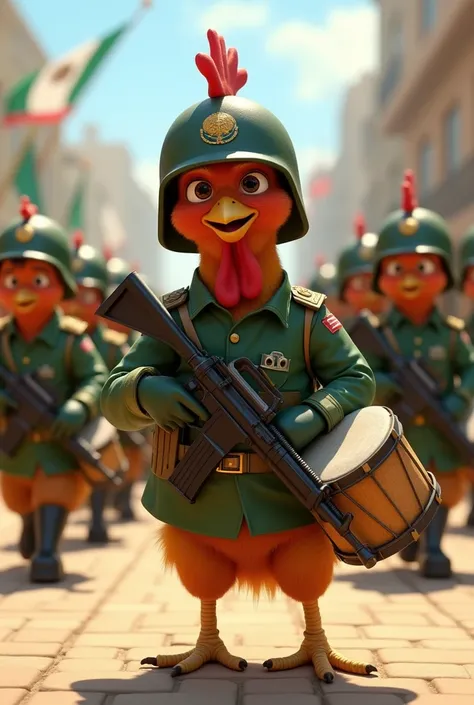 Small 3D animated chicken in Pixar style with a military helmet and military uniform that reads Mexican army,  carrying a gun on their shoulders and playing a drum , tactical gloves,  masks and in a real color drawing at a military parade