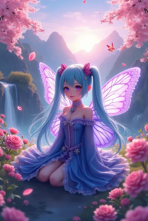 1girl, girl with butterfly wings, solo, Hatsune Miku, , purple eyes, eyelashes, smile, perfect lips, blue and purple dress, long sleeves, see-through sleeves, very detailed dress, purple blue butterfly-wings, white thighhighs, glowing butterfly, sitting, o...