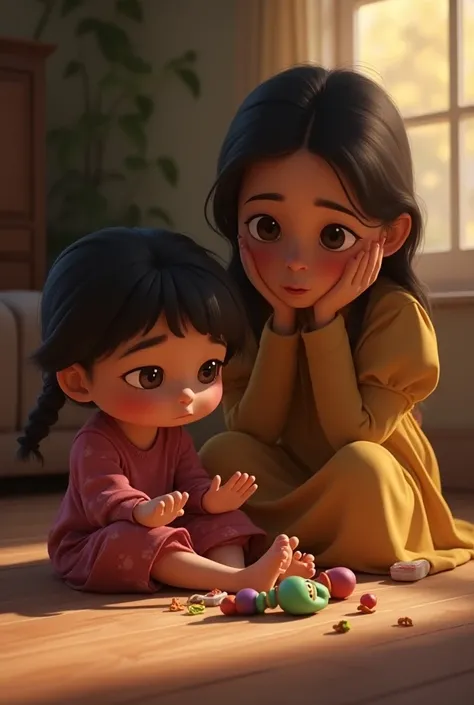 A 3d cinematic cartoon style  "A close-up scene in a living room where the younger sister, Samiha, is holding a broken toy with a sad expression, tears in her eyes. She looks distressed, sitting on the floor, while her older sister, Saira, notices her sadn...