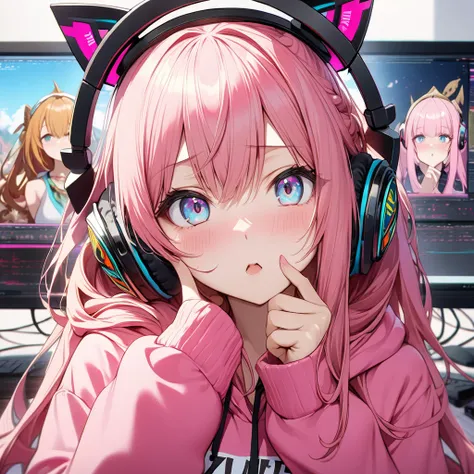 anime、((Amazingly absurd)),(masterpiece:1.2),超High resolution, Attention to detail, High image quality, High resolution, 最High image quality, 4K, 8k、hoodie with the word ((((zaimeth)))) written on it, pink hair, long hair, headphones, beautiful eyes, finge...