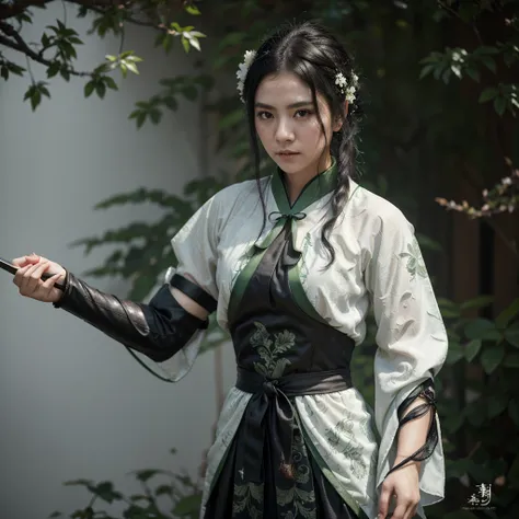 1 girl, heroine, handsome, splashed ink, Chinese armor, (upper body), black hair, floating hair, delicate eyes, black and green antique damask Hanfu, fov, (f1.8), (masterpiece), (portrait shot), front shot, white background, (movie poster), weapon