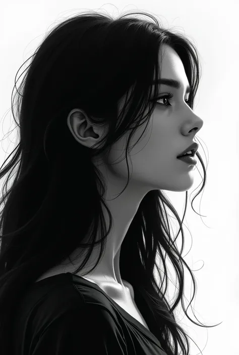 Girl drawn in black and white with long hair in profile looking up 