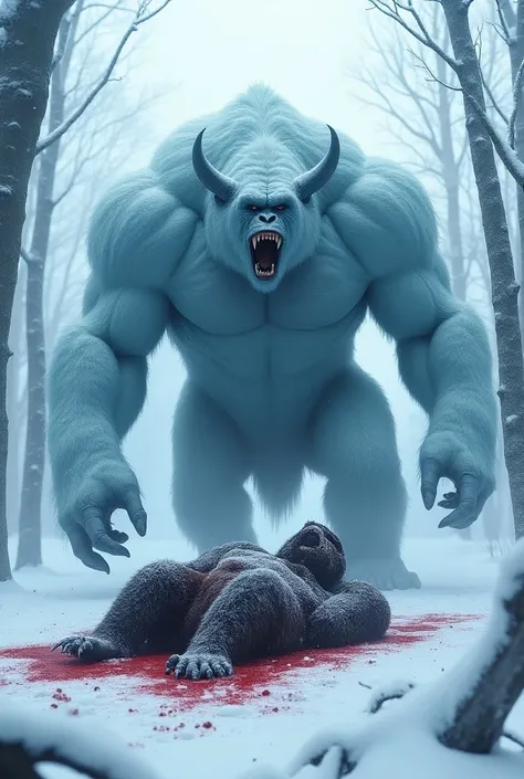 "A colossal, icy beast with fur the color of glacial ice and horns sharp as daggers looms menacingly over a fallen, bloodied gorilla in a hyperrealistic, snow-laden forest. The beast’s immense size and muscular build are emphasized as it stands in the snow...