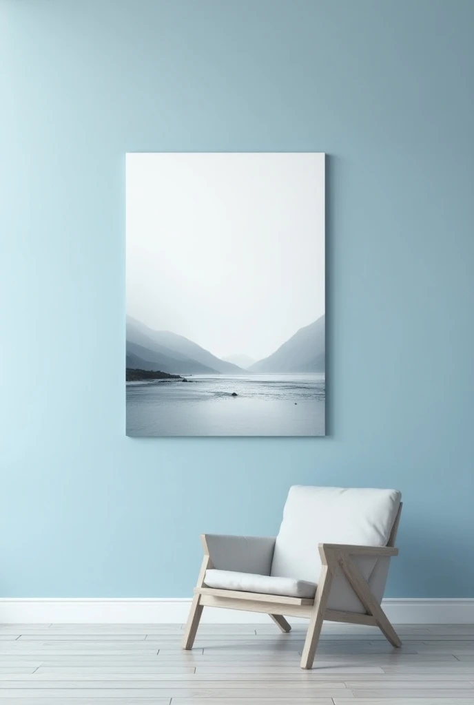 photo painting hanging in a minimalist bluish interior