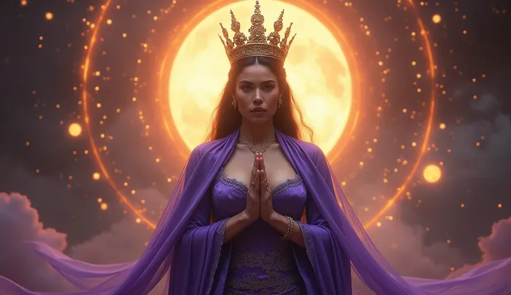  Make a picture of a very beautiful woman , sexy, big chested, beautiful crowned  &  in a purple dress with a blue shawl , royal princess of yesteryear , she is the queen of Thai labor , his praying hands and his eyes look forward ,  background view of the...