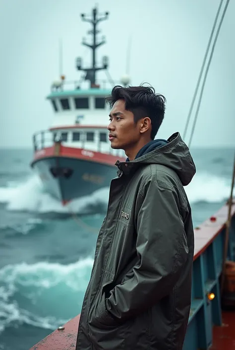 22-year-old javanese young man wearing raincoat clothes,South Korean fishing boat rides 59-ton load,it appears the ship has radar furuno ,white paint ,big waves