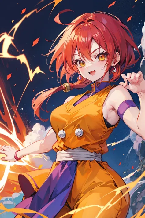 dragon ball style, cute saiyan girl, crimson hair, yellow eyes, , smile, electricity, aura, energy, saiyan outfit, focus on face