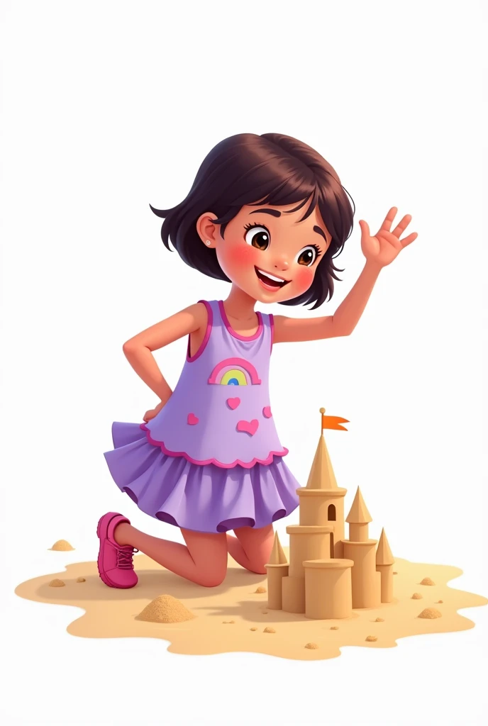 2d vector of a happy girl , wearing a lilac dress and a rainbow print on her dress .  The dress is a little longer at the back giving a layer effect, Her hair is short,  she is kneeling making a sand castle.   Her right hand is raised in the form of a gree...