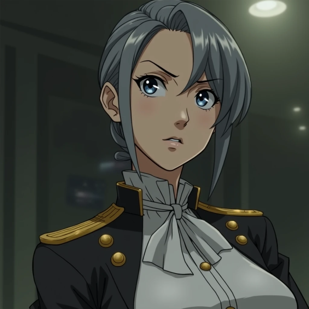  The image portrays a female character with gray hair and vibrant blue eyes.  She wears a black military uniform with gold details , including a bow tie .  Her facial expression is serious and resolute ,  conveying an aura of authority and determination . ...