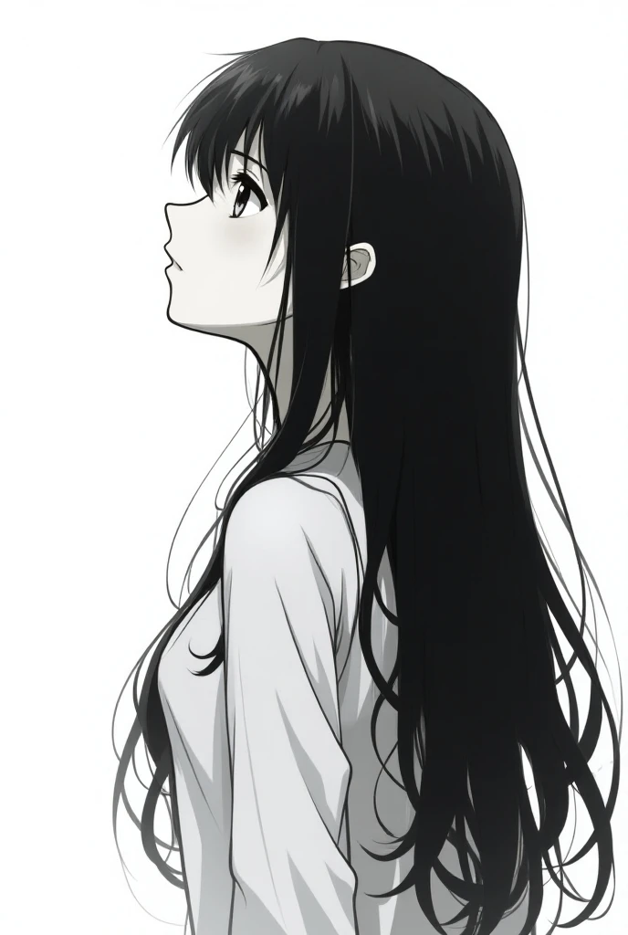 Anime girl drawn in black and white with long hair in profile looking up 