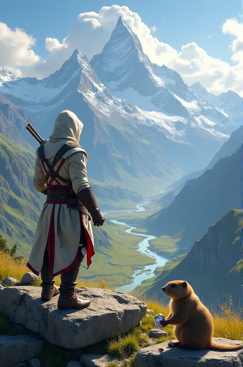 Wallpaper mountain landscape summer , avec le personnage dassassins creed,  a marmot wrapping chocolate in aluminum foil 