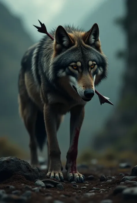 A wolf injured by an arrow