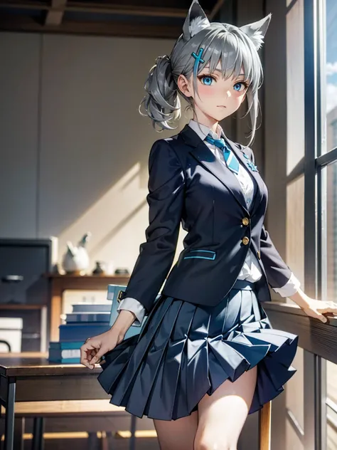  perfect anatomy,masterpiece, Hi-Res, Super detailed,Sand Wolf Shiroko,  animal ears ,  blue eyes, Grey Hair,  hair ornament, hairpin, blazers、 pleated skirt 、tie、School、indoor
