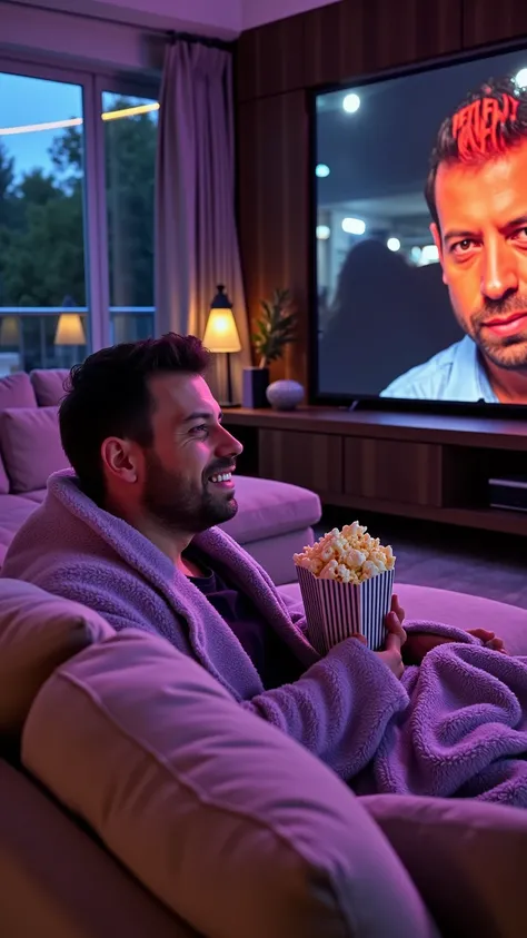 A luxurious, high-end living room with a massive, plush sofa. A man sits comfortably on the sofa, facing the viewer, wrapped in a soft, fuzzy lilac blanket. He is holding and eating oversized popcorn, looking relaxed and fully immersed as he watches Netfli...