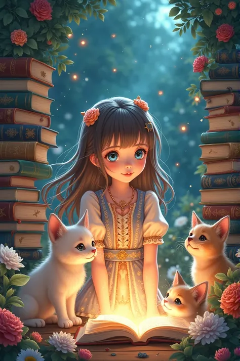 Anime girl surrounded by magic books, dog, Cat and Flowers 