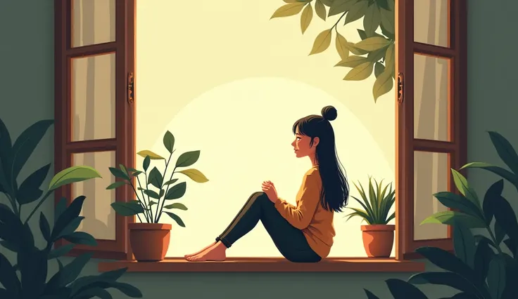 Visualizing Success - A person sitting peacefully by a window or outdoors, envisioning their goals, with a slight smile and a thoughtful expression.