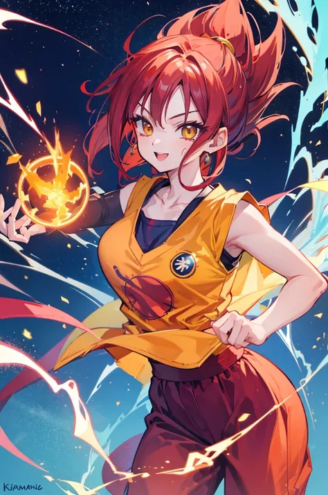 dragon ball style, cute saiyan girl, crimson hair, yellow eyes, , smile, electricity, aura, energy, saiyan outfit, focus on face